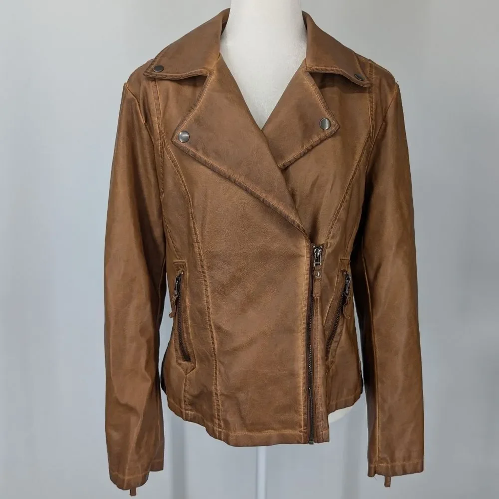 Max Studio Vegan Faux Leather Asymmetric Zip Moto Jacket Cognac Brown Large NWT